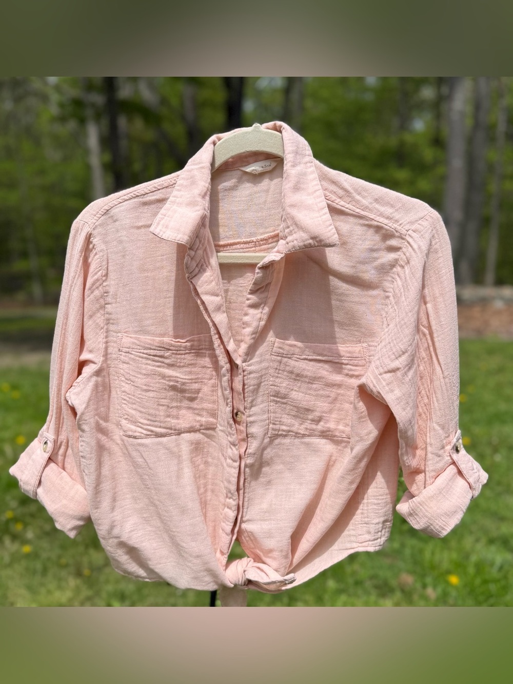 Sim & Sam 100% Cotton Pink Button-Front tie Collared Shirt with Front Pockets